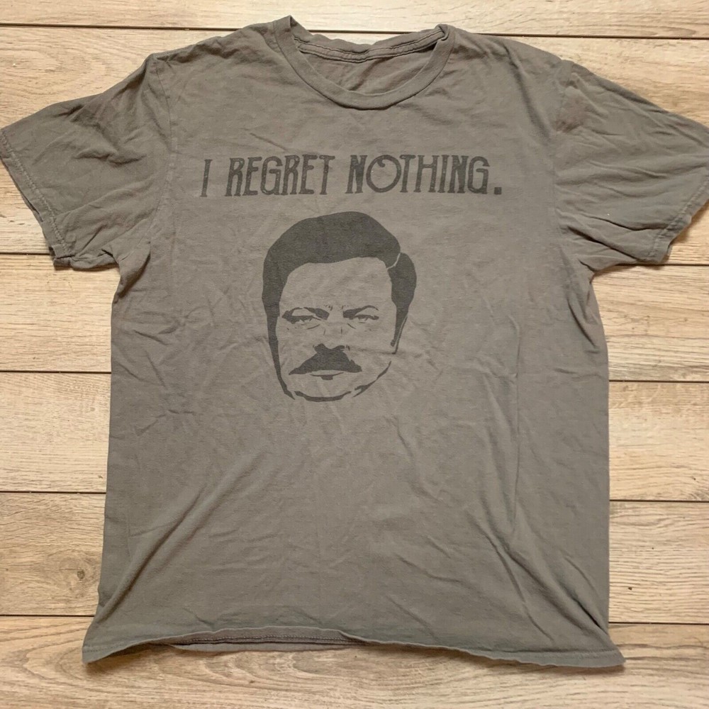 Parks and Recreation Mens Gray Ron Swanson "I Regret Nothing" T Shirt~MEDIUM